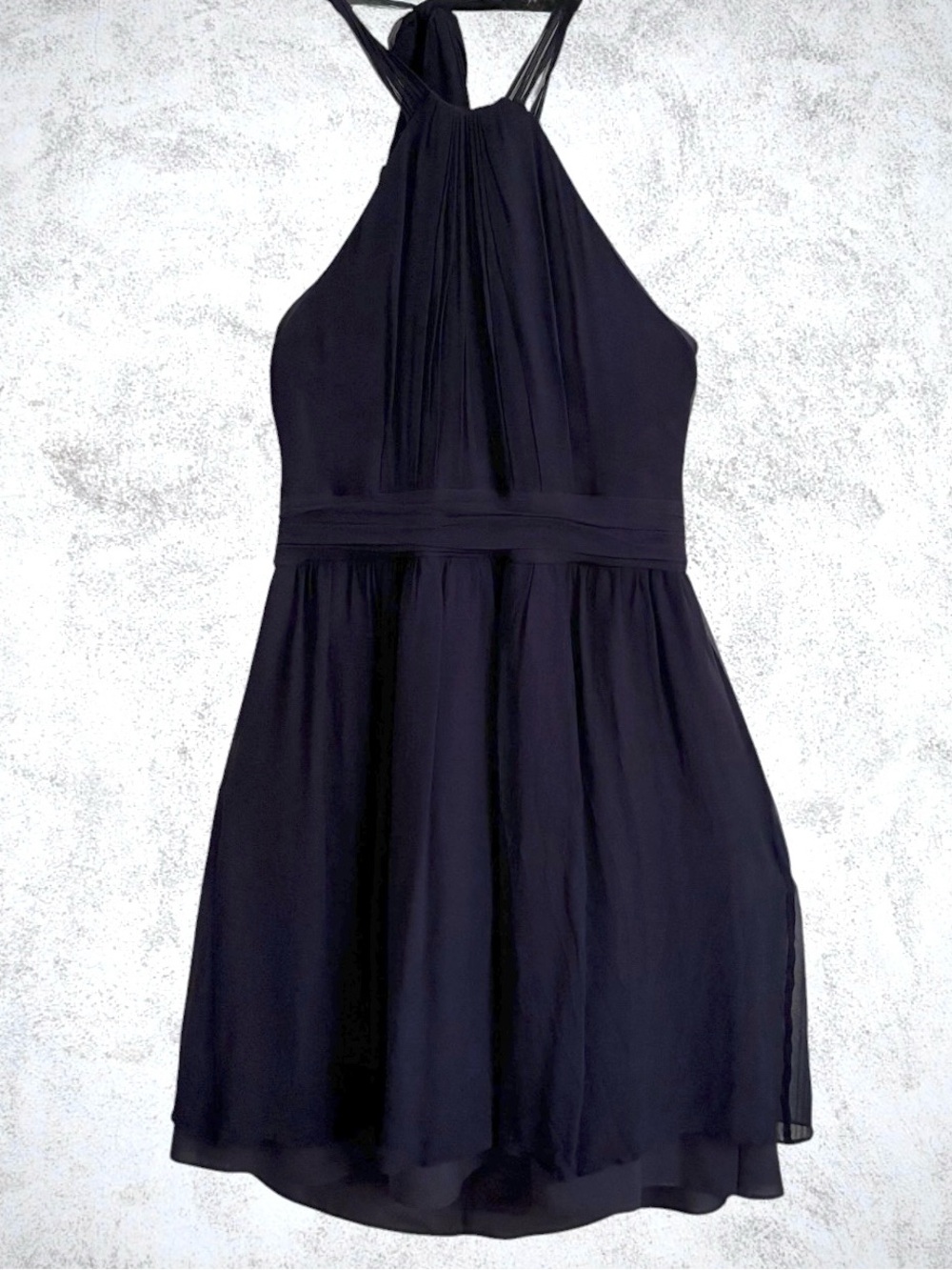 Ann Taylor 100% Silk Halter Dress Navy Sz 6 Tie Neck Pleated Chiffon Formal Mini - Picture 3 of 14